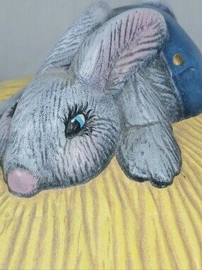 Vtg Hand Painted Ceramic Easter Bunny Rabbit Covered Dish Country Home Decor